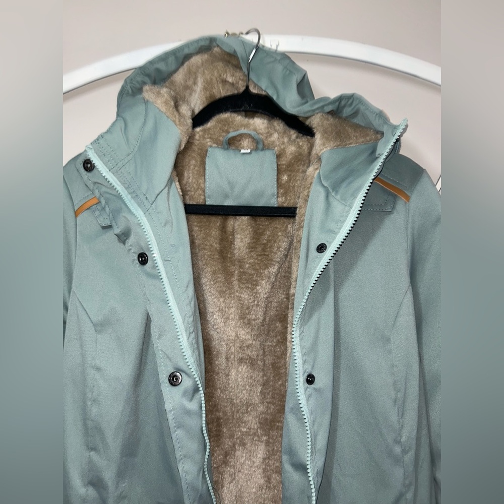Light Teal Women's Parka Jacket with Faux Fur Lining - Picture 3 of 6